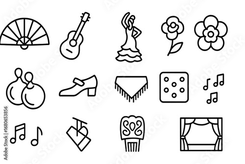 Flamenco Dance Icons. Outline icon set of flamenco dance: fan, guitar, dancer in dress, flower, castanets,