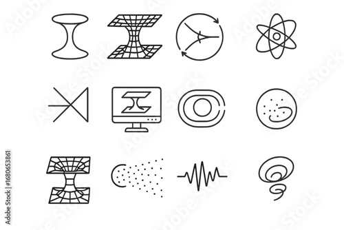 Wormhole Science Icons. Outline icon set of wormhole science: wormhole diagram, mathematical grid, physics
