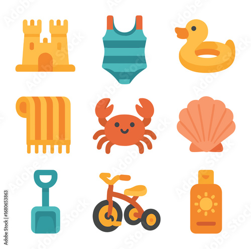 Swimming Pool Play Icons. Flat icon set of swimming pool play: sandcastle, swimsuit, pool float, beach towel,