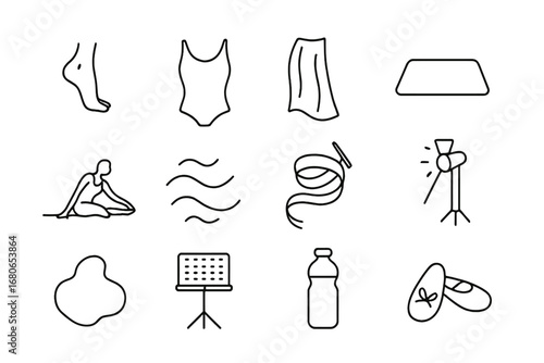 Modern Dance Icons. Outline icon set of modern dance practice: barefoot dancer, leotard, fabric drape, mat,