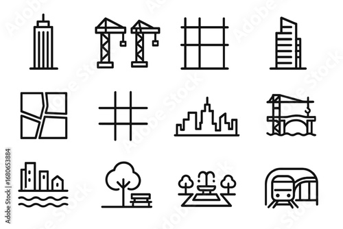 City Skyline Icons. Outline icon set of city skyline development: skyscraper outline, cranes, scaffolding,