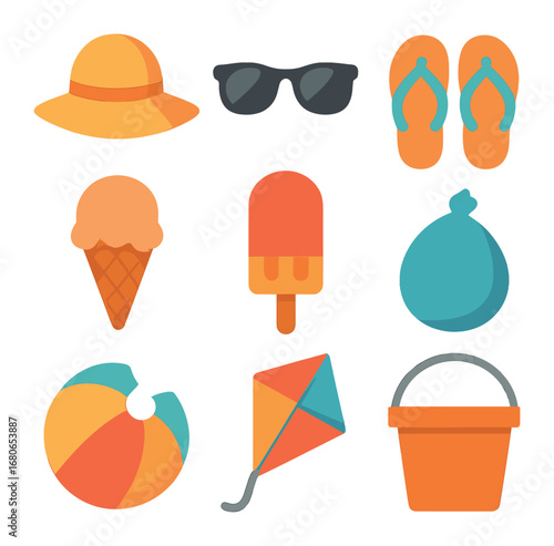 Summer Icon Grid. Flat icon set of campfire and tents: sun hat, sunglasses, flip flops, ice cream, popsicle,