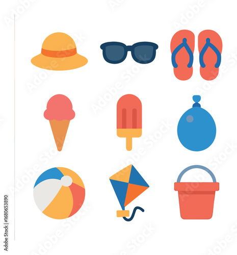 Backyard Adventure Icons. Flat icon set of backyard adventures: sun hat, sunglasses, flip flops, ice cream,