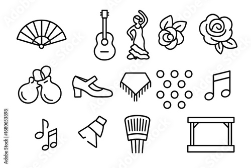 Flamenco Dance Icons. Outline icon set of flamenco dance: fan, guitar, dancer in dress, flower, castanets,