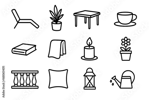 Balcony Relaxation Icons. Outline icon set of balcony relaxation: lounge chair, potted plant, small table,