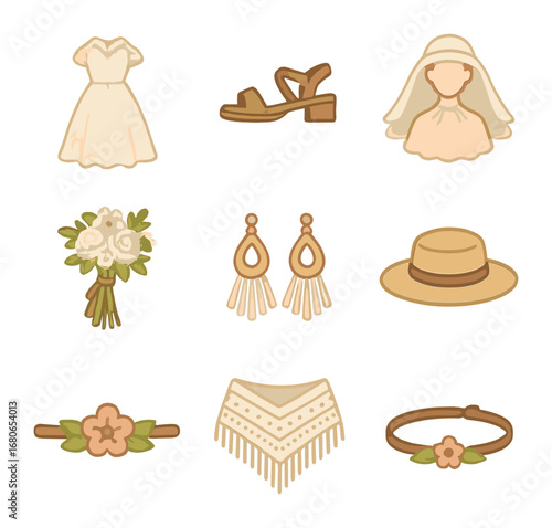 Bridal Attire Icons. Flat icon set of bridal attire: lace wedding dress, bridal sandals, sun veil, bouquet,