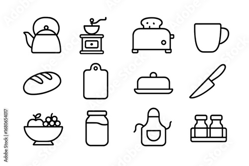 Cozy Kitchen Icons. Outline icon set of cozy kitchen moments: kettle, coffee grinder, toaster, mug, bread loaf