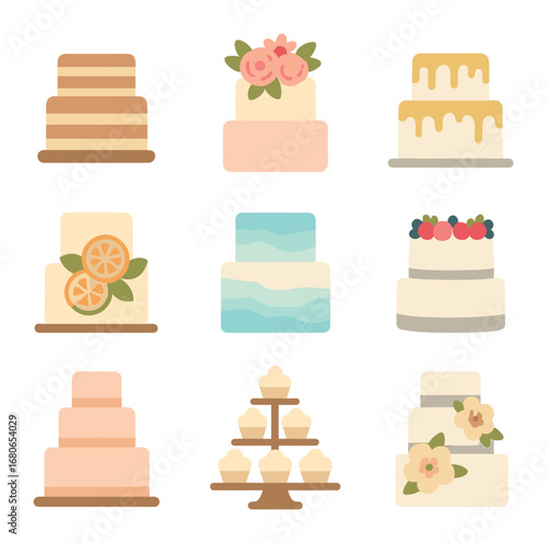 Summer Wedding Cakes Icons. Flat icon set of summer wedding cakes: naked cake, floral topper, gold drip,