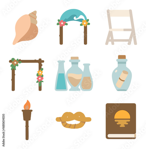 Beach Ceremony Icons. Flat icon set of beach ceremony icons: conch shell, wave arch, coastal chair, driftwood