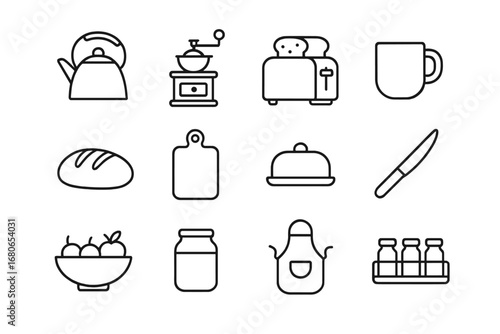 Cozy Kitchen Icons. Outline icon set of cozy kitchen moments: kettle, coffee grinder, toaster, mug, bread loaf