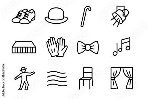 Tap Dance Icons. Outline icon set of tap dance: tap shoes, bowler hat, cane, spotlight, stage, gloves, bow tie