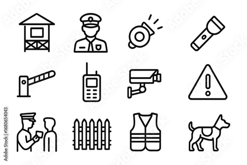 Camp Security Icons. Outline icon set of camp security: guard post, uniformed officer, whistle, flashlight,