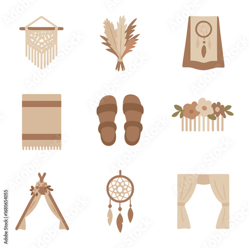 Bohemian Wedding Icons. Flat icon set of bohemian wedding styling: macrame decor, pampas bouquet, earthy tones