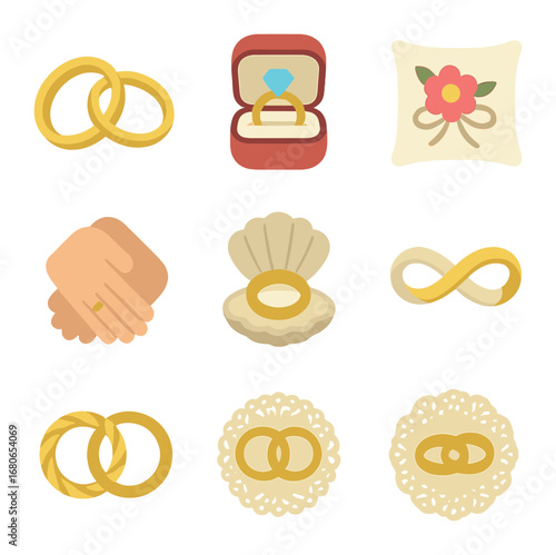 Wedding Ring Icon Set. Flat icon set of wedding ring icons: gold bands, engagement ring, vintage ring box,