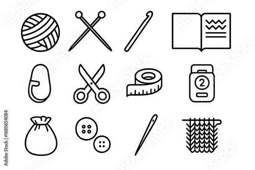 Knitting Tools Icons. Outline icon set of knitting and crocheting: yarn ball, knitting needles, crochet hook,