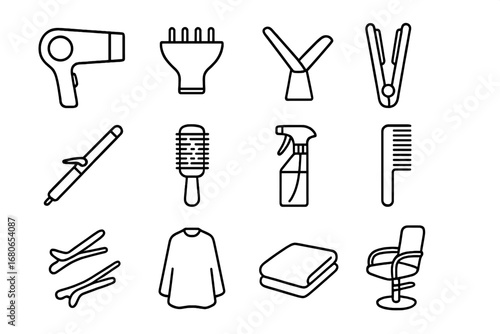 Salon Tools Icons. Outline icon set of professional salon tools: salon hair dryer, diffuser, nozzle, flat iron