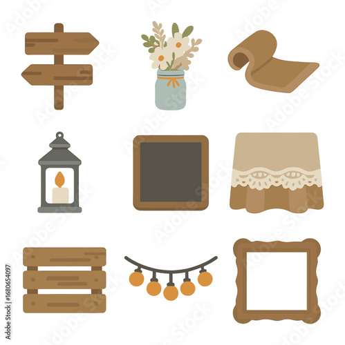 Rustic Wedding Icons. Flat icon set of rustic wedding decor: wood signage, mason jar florals, burlap runner,