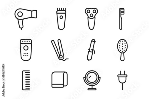 Grooming Tool Icons. Outline icon set of daily grooming appliances: hair dryer, trimmer, electric razor,