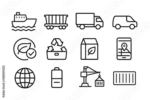 Sustainable Supply Chain Icons. Outline icon set of sustainable supply chains: cargo ship, rail freight, truck