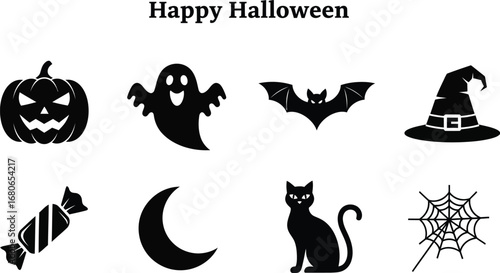 Happy Halloween silhouettes, including pumpkin, ghost, bat, witch hat, candy, moon, cat, and spiderweb