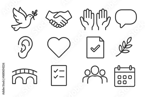 Nonviolent Communication Icons. Outline icon set of nonviolent communication: peace dove, handshake, open