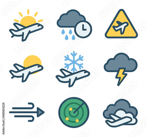 Weather Flight Icons. Flat icon set of weather and flying: sun with plane, rain delay icon, turbulence warning
