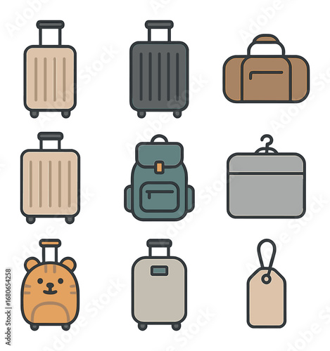 Iconic Luggage Collection. Flat icon set of luggage types: carry-on roller, hard shell suitcase, soft duffle,