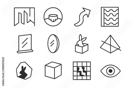 Optical Illusions Grid. Outline icon set of optical illusion in invisibility: mirror maze, hidden object,
