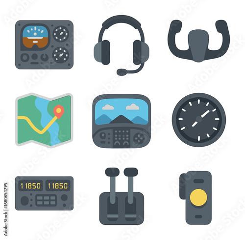 Airplane Cockpit Icon Set. Flat icon set of airplane cockpit elements: control panel, pilot headset, yoke