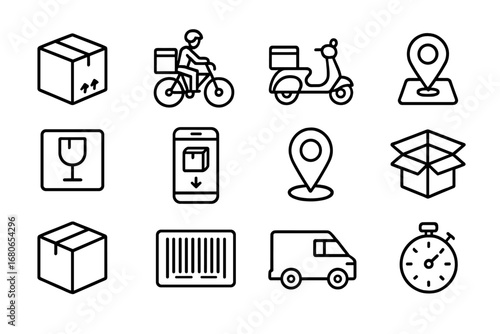 Last-Mile Delivery Icons. Outline icon set of last-mile delivery: parcel box, courier bike, scooter, address