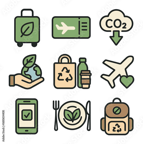 Sustainable Travel Icons. Flat icon set of sustainable travel promotion: eco luggage, green boarding pass, low