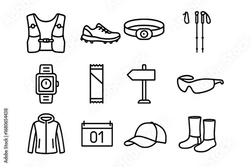 Trail Running Essentials. Outline icon set of trail running: hydration vest, trail shoes, headlamp, trekking