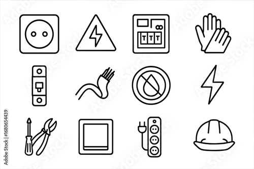 Hotel Electrical Safety Icons. Outline icon set of electrical safety in hotels: plug socket, warning label,