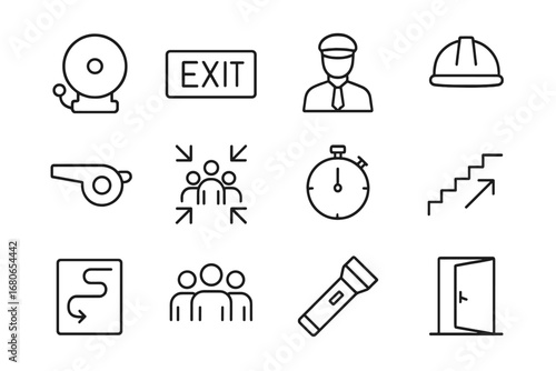 Fire Drill Icon Set. Outline icon set of fire drill practice in resorts: alarm bell, exit sign, instructor,
