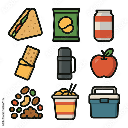 Road Trip Snacks. Flat icon set of road trip food: sandwich, chips bag, canned drink, granola bar, thermos,