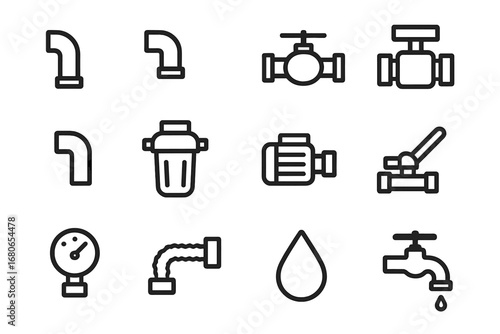 Plumbing Icon Set. Outline icon set of plumbing for greywater reuse: inlet pipe, outlet pipe, valve, T-joint,