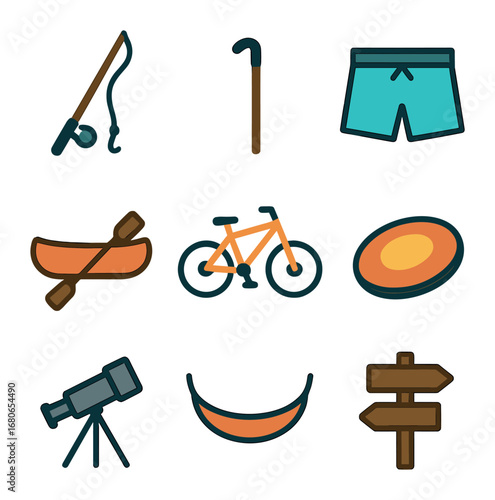 Camp Activity Icons. Flat icon set of camp activities: fishing rod, hiking stick, swimming trunks, canoe,