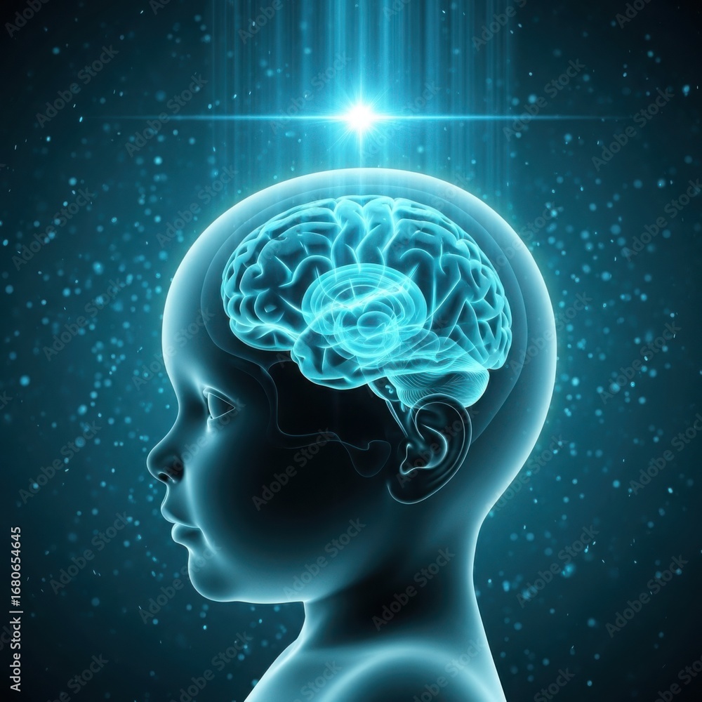 Fototapeta premium Illuminated child brain with cosmic energy flow