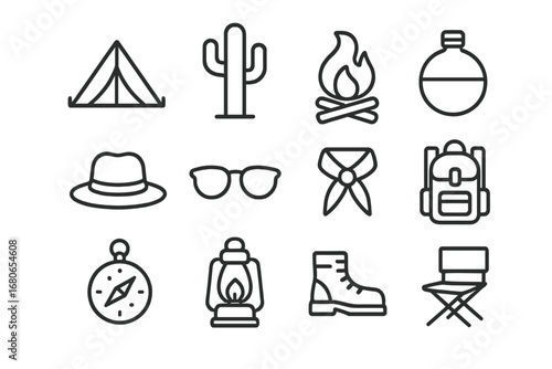 Desert Camping Icons. Outline icon set of desert camping: tent, cactus, campfire, water canteen, hat,