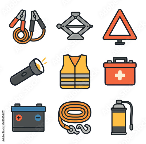 Roadside Kit Essentials. Flat icon set of emergency roadside kit: jumper cables, tire jack, warning triangle,
