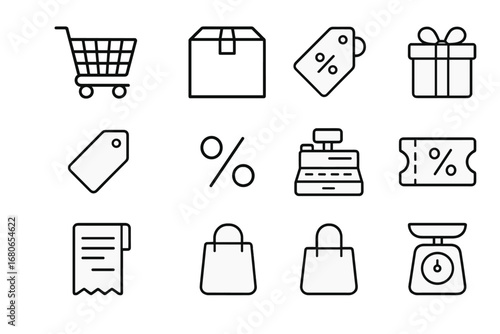 Bulk Purchase Icons. Outline icon set of bulk purchase offers: shopping cart, large box, discount tag, price