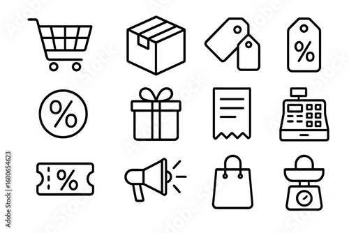 Bulk Purchase Icons. Outline icon set of bulk purchase offers: shopping cart, large box, discount tag, price