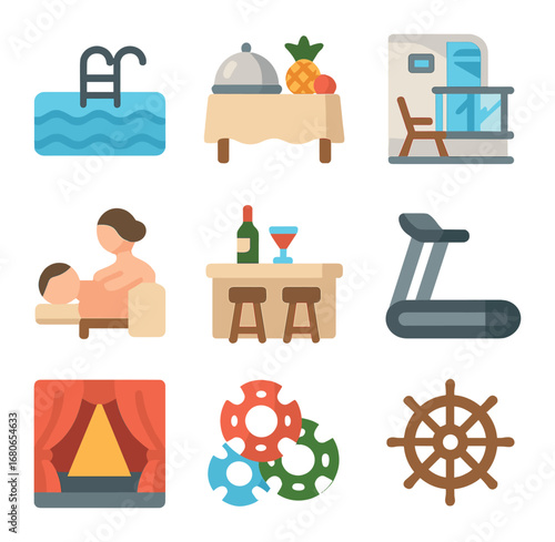 Cruise Ship Amenities Icons. Flat icon set of cruise ship amenities: swimming pool, buffet table, cruise