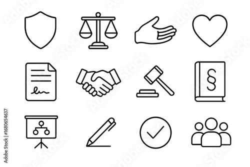 Ethical Law Icon Set. Outline icon set of ethical law practice collaboration: shield, justice scales, open