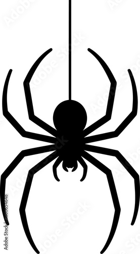 Black spider silhouette hanging from a thin thread against a white background
