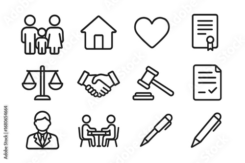 Family Law Icon Set. Outline icon set of legal project management: calendar, clock, task board, checklist,