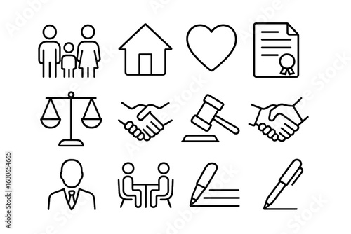 Family Law Icon Set. Outline icon set of family law collaboration: parents, child, house, heart, legal