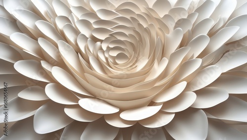 A detailed close-up view of a decorative, multifaceted flower design, composed of many overlapping paper petals in a light beige tone.