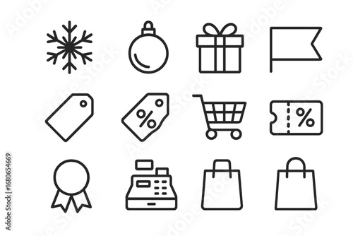 Festive Sale Icons. Outline icon set of festive season sales: snowflake, ornament, gift box, sale banner,