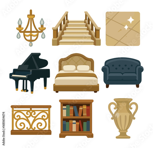 Luxury Ship Icons. Flat icon set of luxury ship interior: chandelier, marble staircase, polished floor, grand